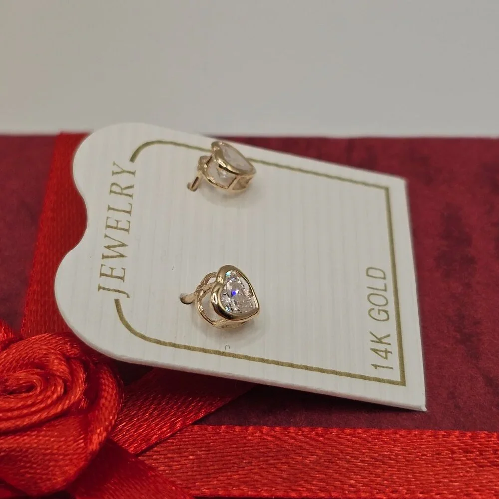 14KT Gold Heart Clear Cubic Zirconia Screw Back Stud Earrings 4mm